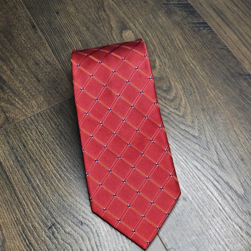 Vintage Barneys‎ New York 100% Silk Red Blue Diamond Tie Made In USA